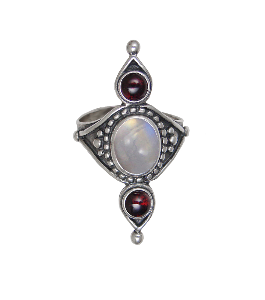Sterling Silver Royal Ring With Rainbow Moonstone And Garnet Size 8